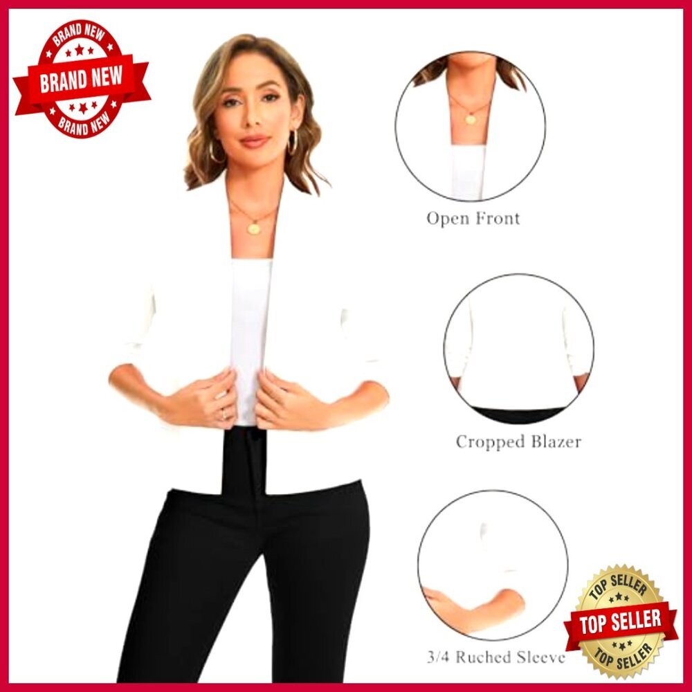 Women's Collarless Blazer Ruched 3/4 Sleeve Open Front Business Casual Jacket - Picture 3 of 6